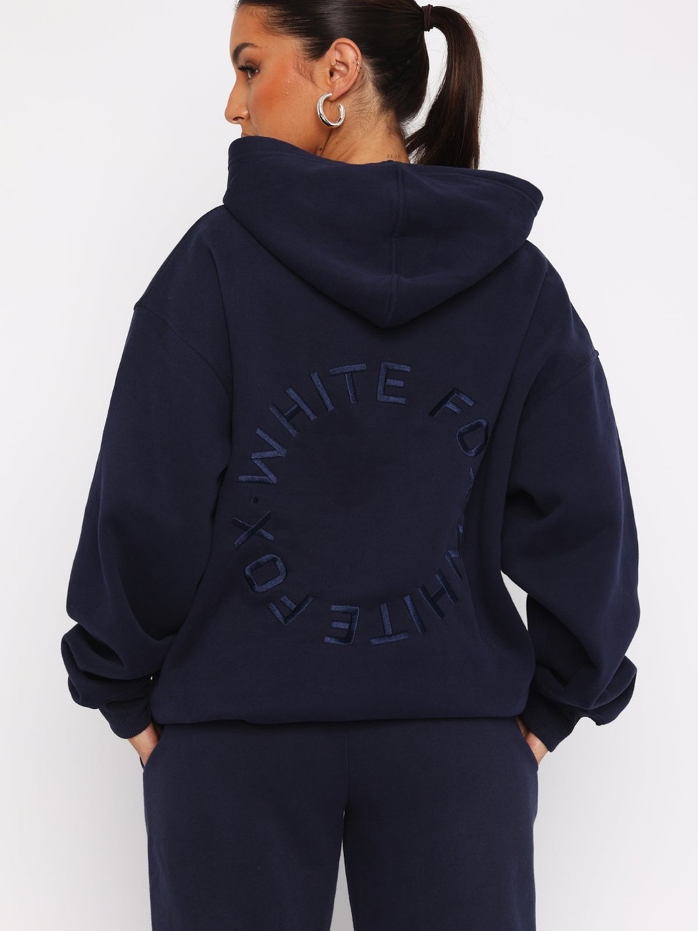 White Fox Boutique Navy Embroidered Circle Logo Hoodie